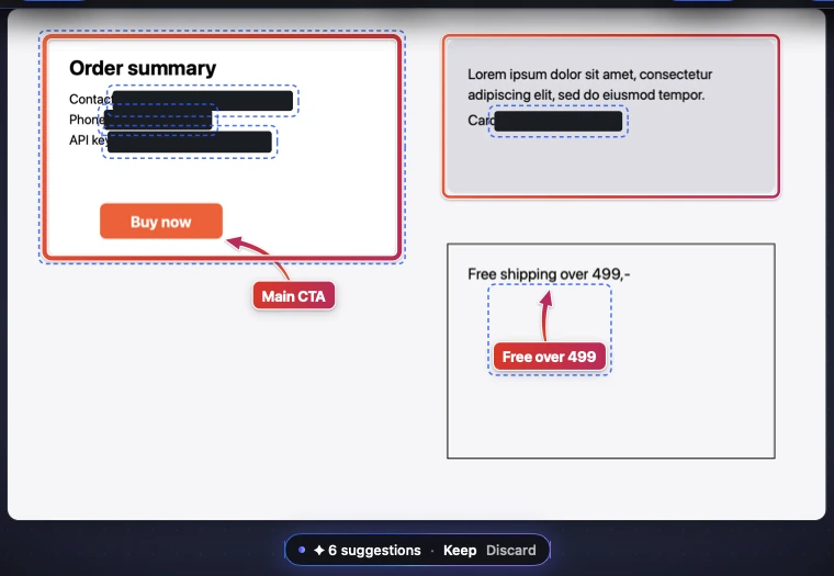Auto-mark suggestions: arrows, labels and boxes, with Keep and Discard