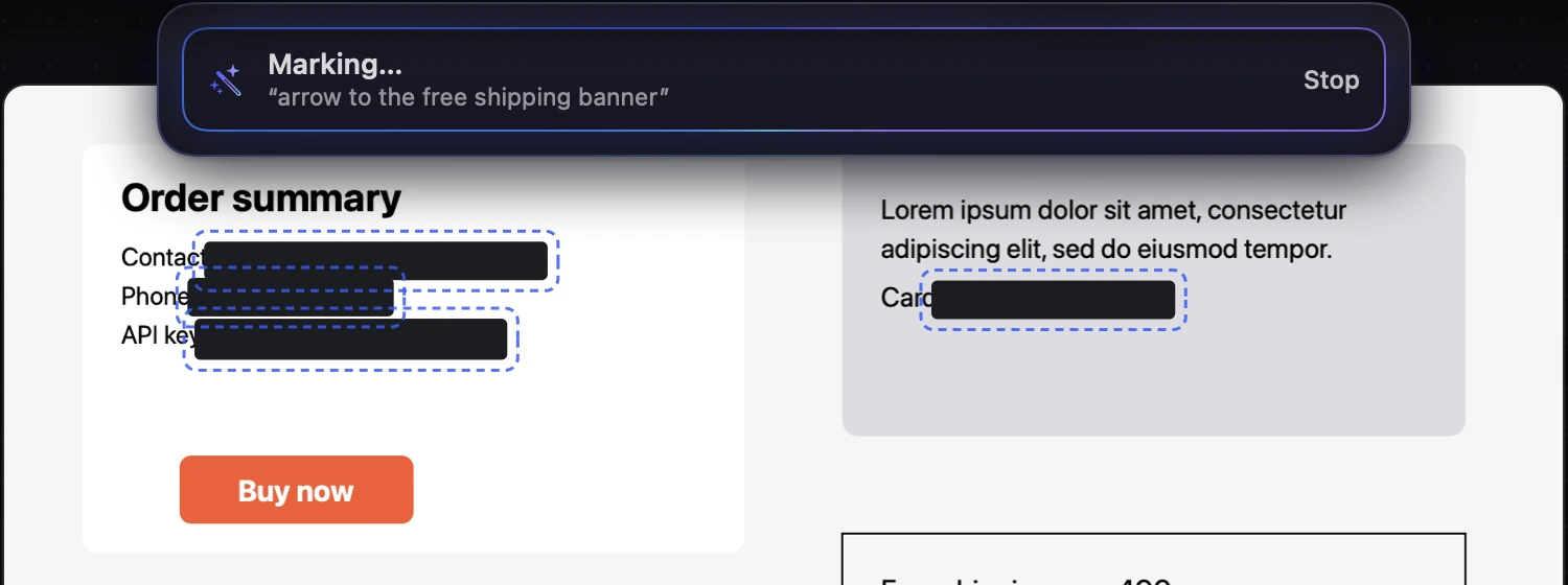 Solid bars over an email, a phone number, an API key and a card number
