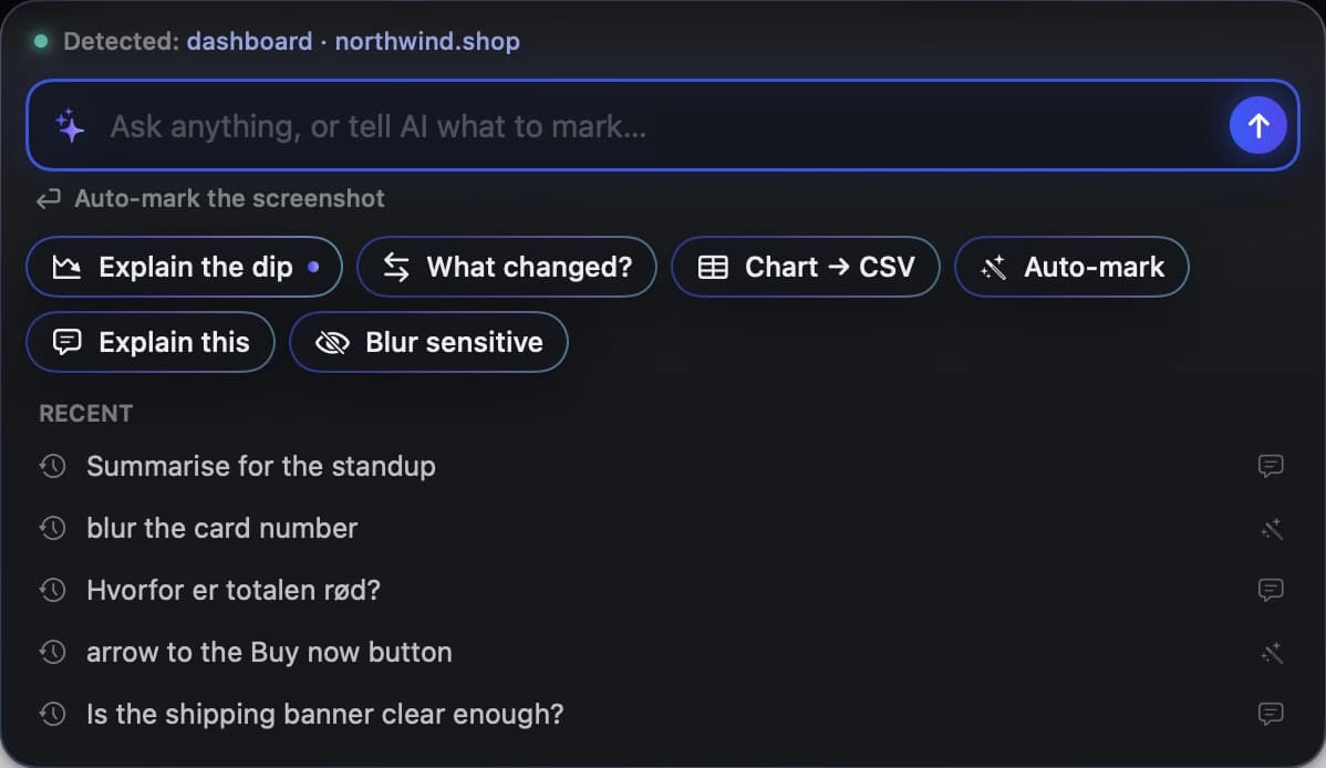 The ✦ AI panel: Explain the dip, What changed?, Chart → CSV, Auto-mark, Blur sensitive