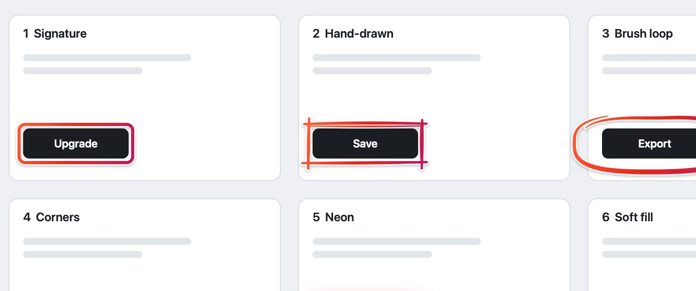 Box styles: Signature, Hand-drawn, Brush loop, Corners, Neon and Soft fill