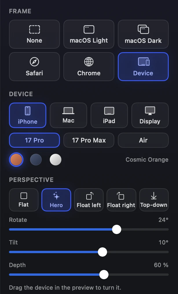 Device settings: iPhone, Mac, iPad or Display, model, colour, and Hero, Float and Top-down angles
