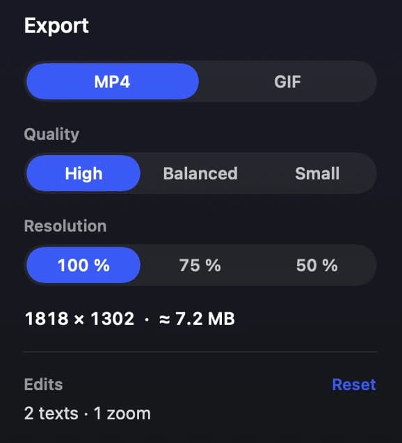 Export as MP4 or GIF, with quality and resolution