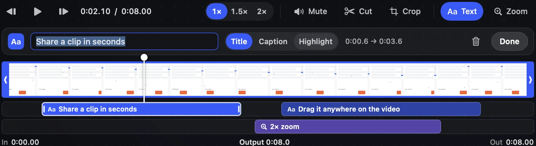 The video timeline with text and 2× zoom tracks